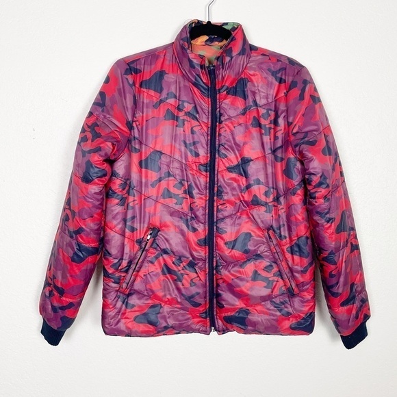 Mother Two Faced Reversible Camouflage Puffer Jacket Pink Red Casual Winter Fall - Picture 2 of 7